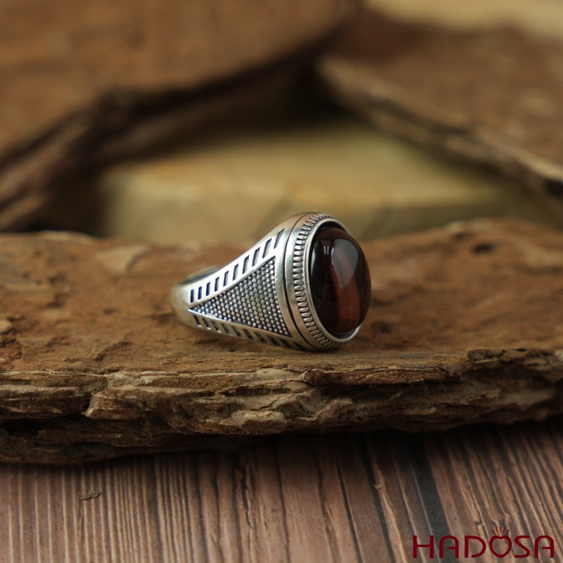 Nhẫn bạc 925 mặt đá mắt hổ nâu đỏ 12x16mm