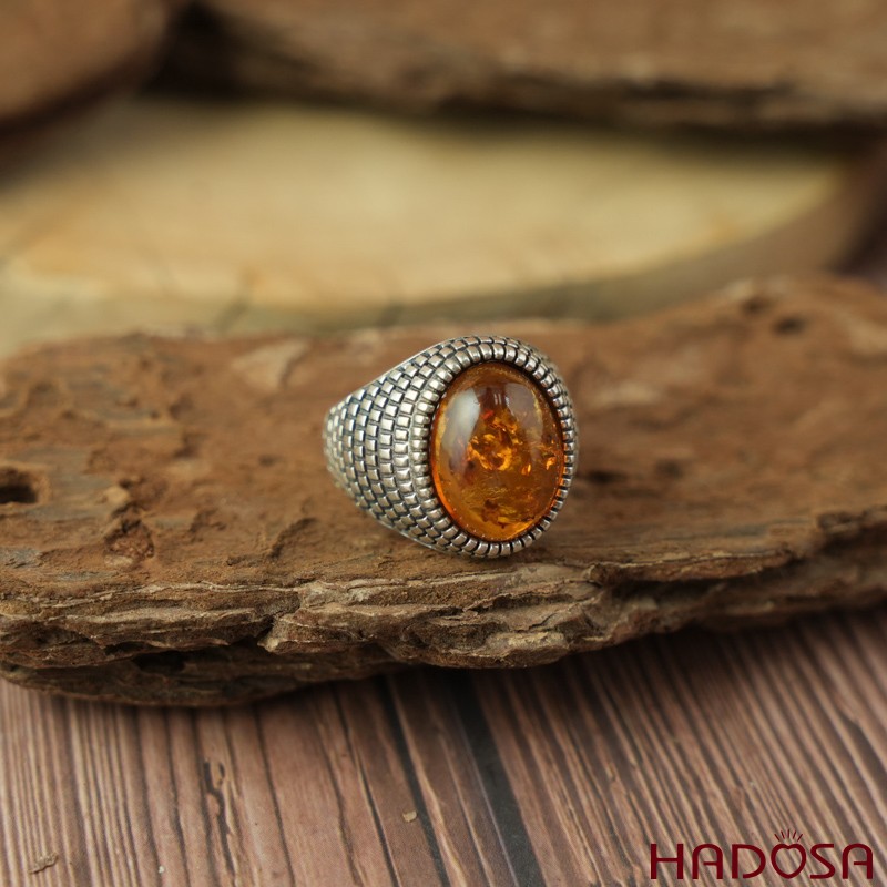 Nhẫn nam bạc Thái 925 mặt Hổ phách oval 12x16mm