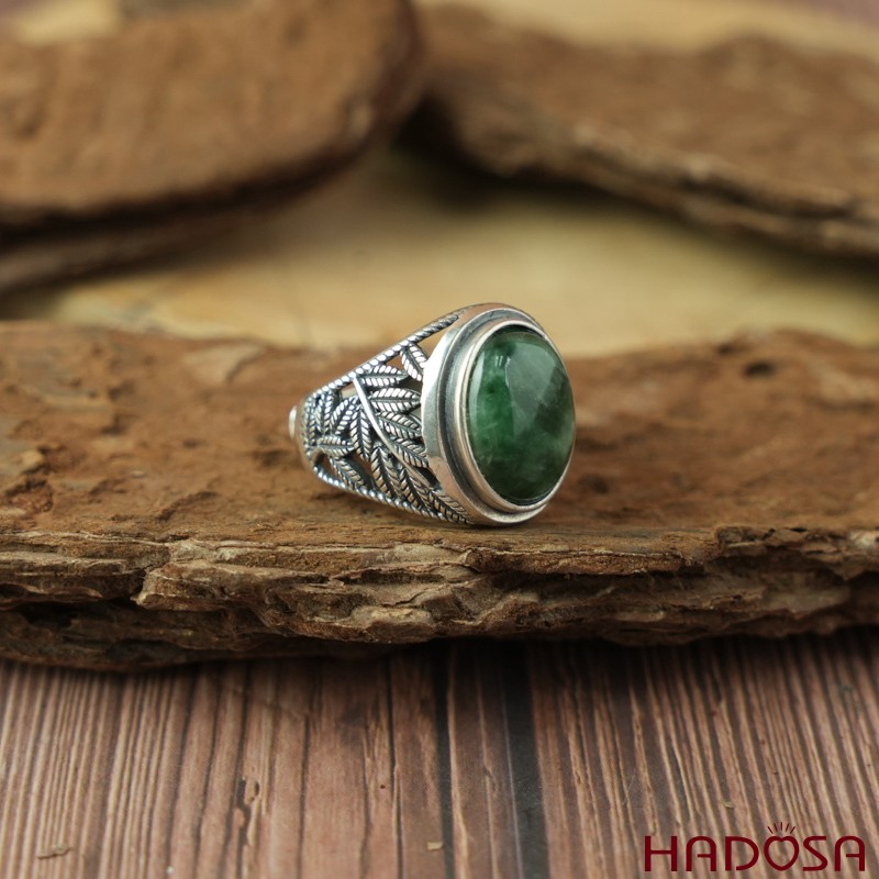 Nhẫn bạc 925 mặt Cẩm thạch xanh đậu oval
