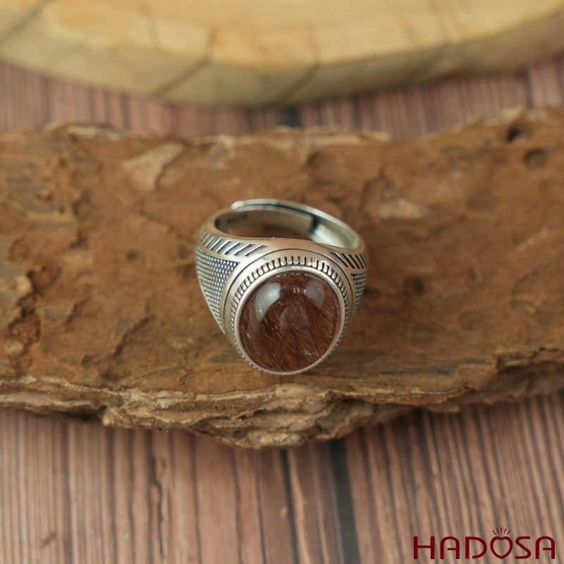 Nhẫn bạc 925 mặt đá thạch anh tóc đỏ oval 12x16mm