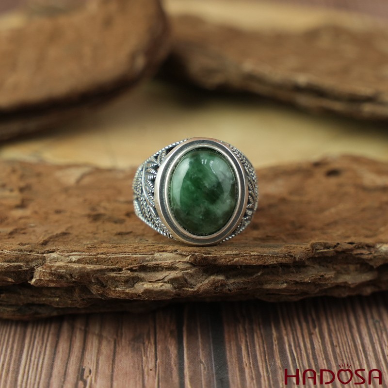 Nhẫn bạc 925 mặt Cẩm thạch xanh đậu oval