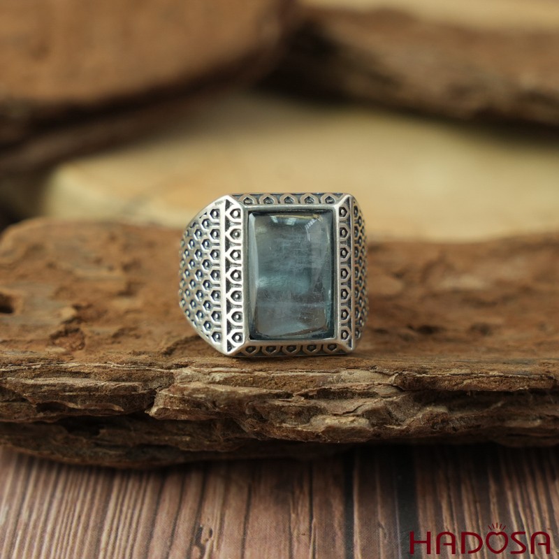 Nhẫn bạc nam 925 mặt đá Aquamarine 10x15mm