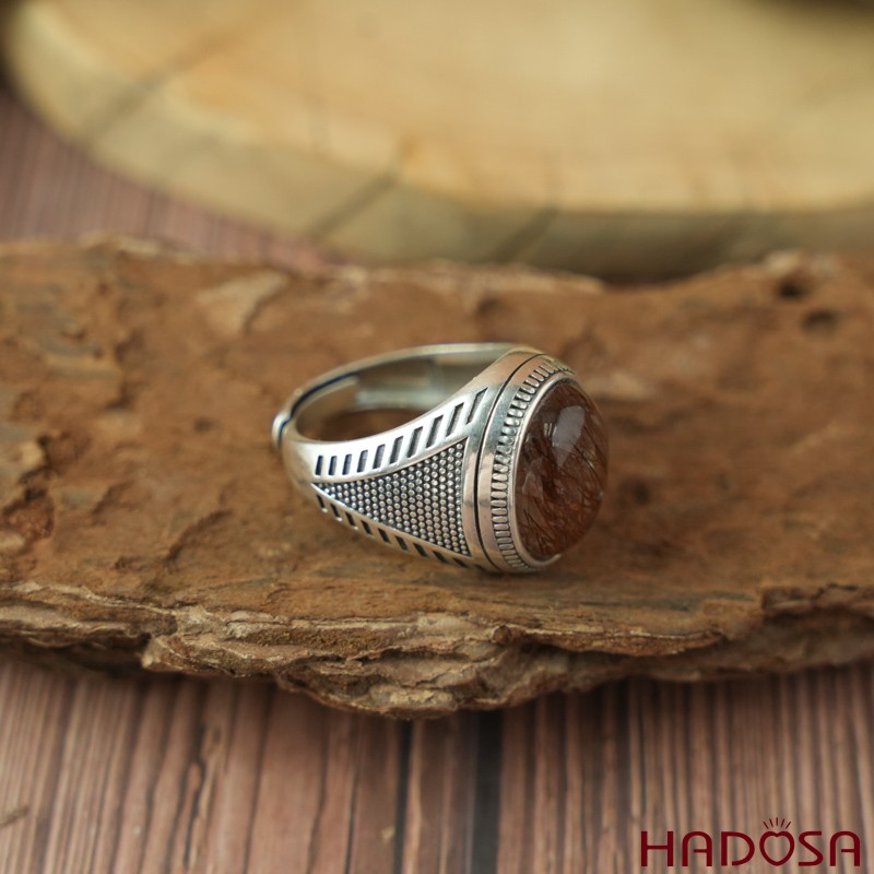 Nhẫn bạc 925 mặt đá thạch anh tóc đỏ oval 12x16mm