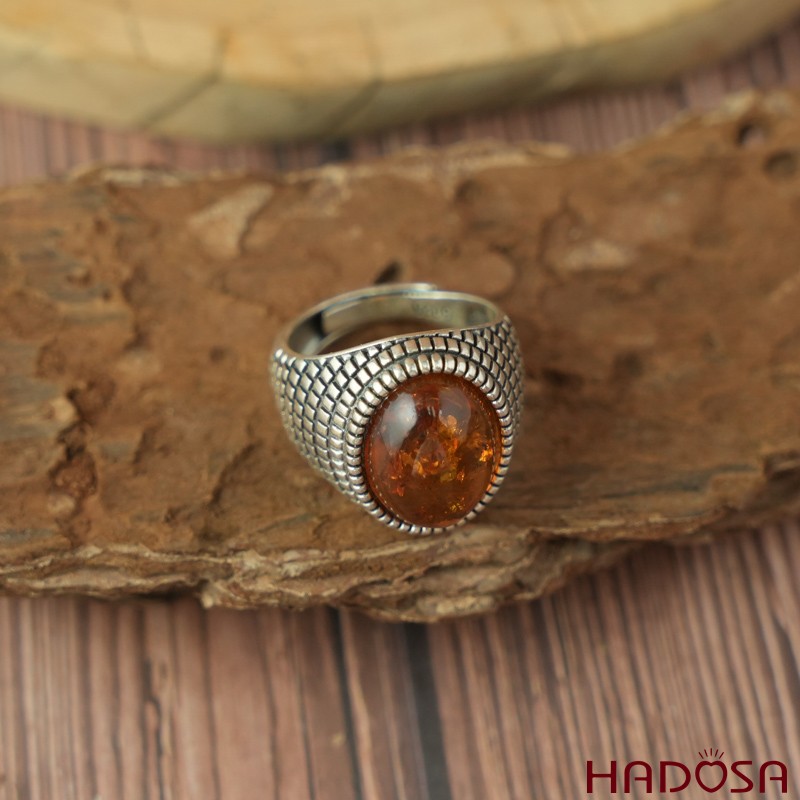 Nhẫn nam bạc Thái 925 mặt Hổ phách oval 12x16mm