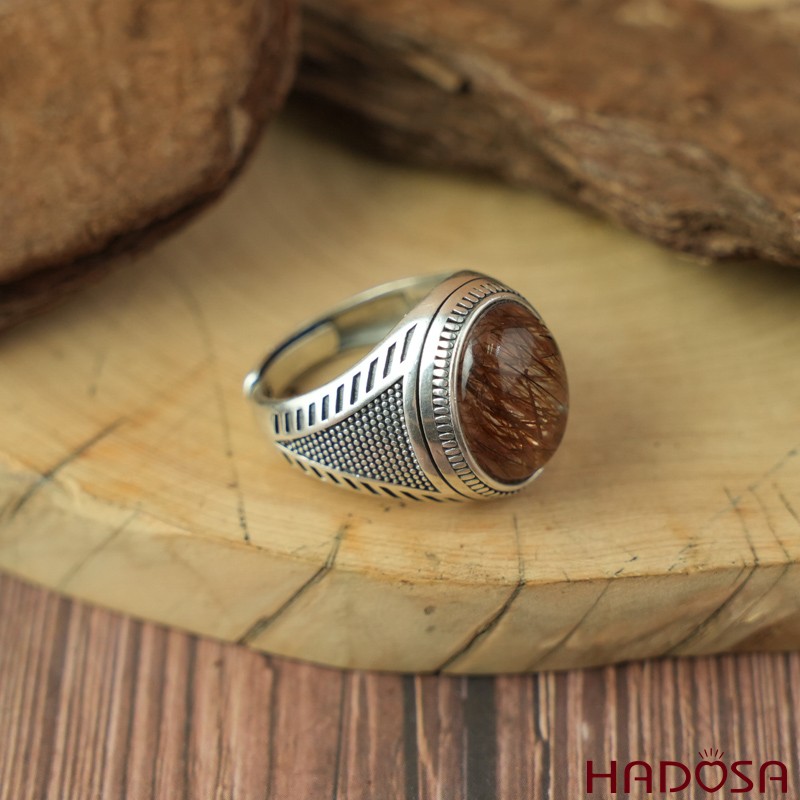 Nhẫn bạc 925 mặt đá thạch anh tóc đỏ oval 12x16mm