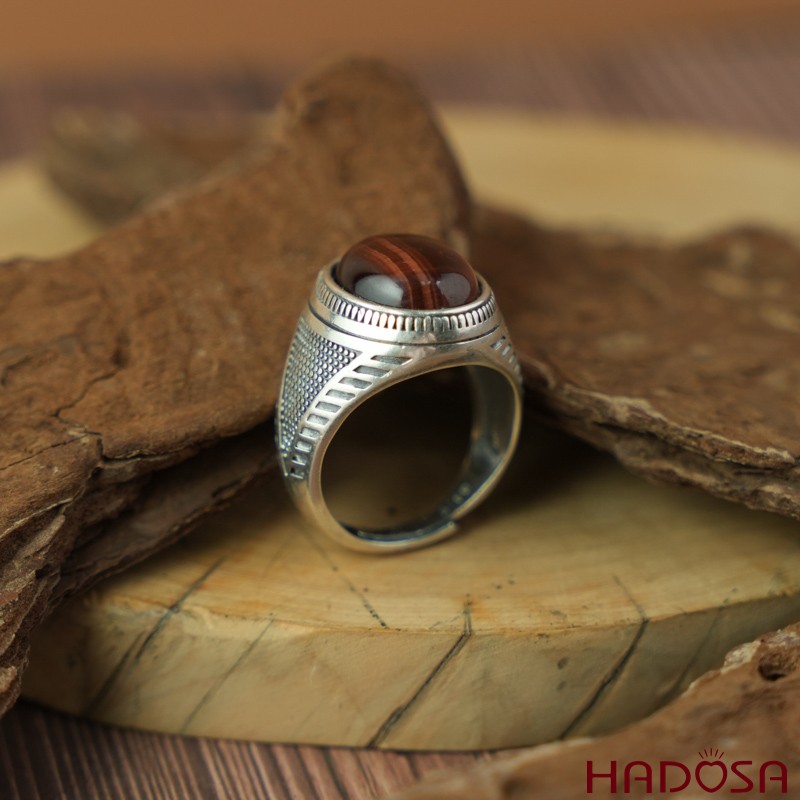 Nhẫn bạc 925 mặt đá mắt hổ nâu đỏ 12x16mm