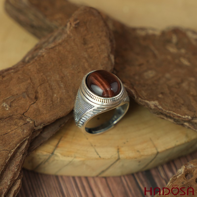Nhẫn bạc 925 mặt đá mắt hổ nâu đỏ 12x16mm