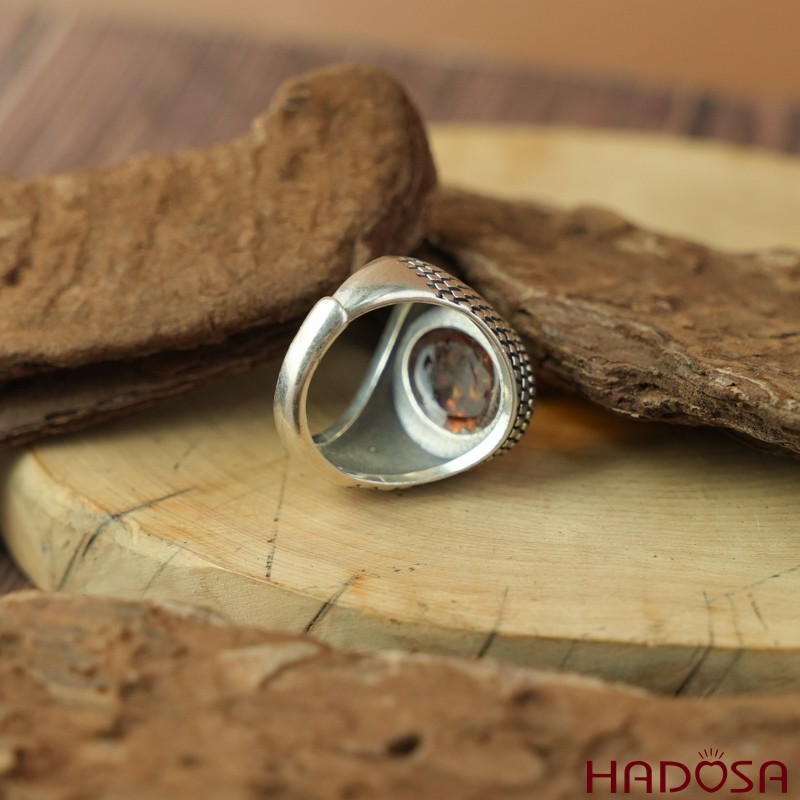 Nhẫn nam bạc Thái 925 mặt Hổ phách oval 12x16mm
