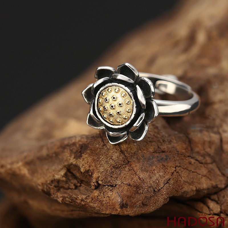 Nhẫn Bạc Thái S925 Hoa Sen Xoay Thanh Tịnh May Mắn