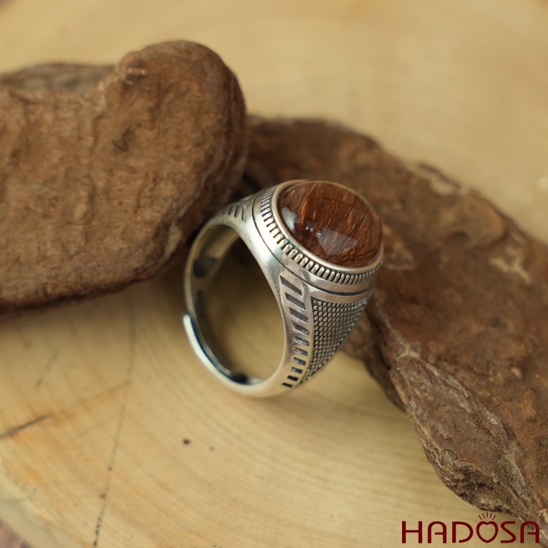 Nhẫn bạc 925 mặt đá thạch anh tóc đỏ oval 12x16mm