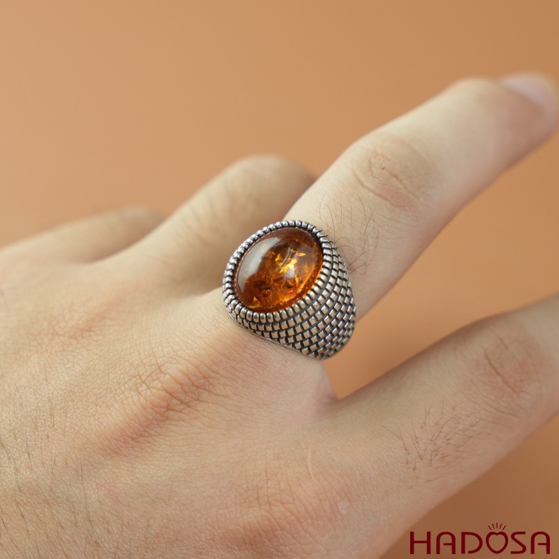 Nhẫn nam bạc Thái 925 mặt Hổ phách oval 12x16mm