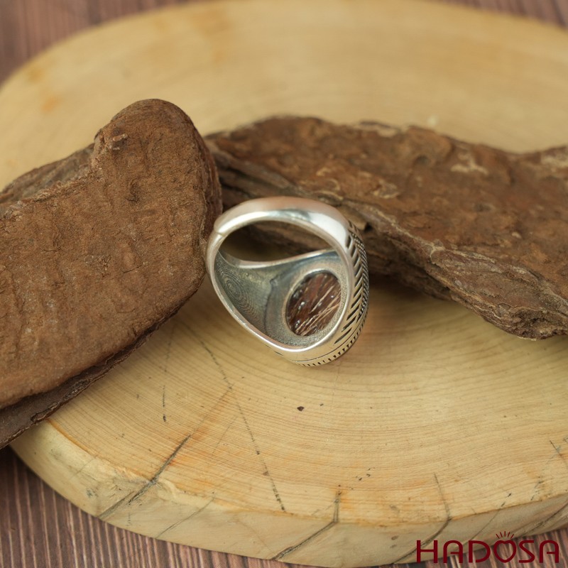 Nhẫn bạc 925 mặt đá thạch anh tóc đỏ oval 12x16mm