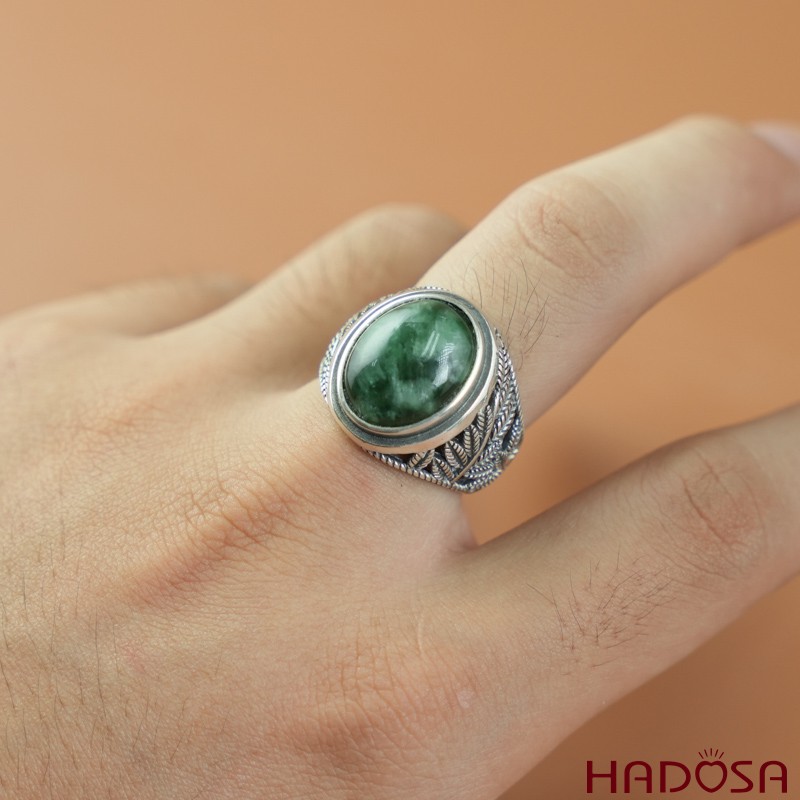 Nhẫn bạc 925 mặt Cẩm thạch xanh đậu oval