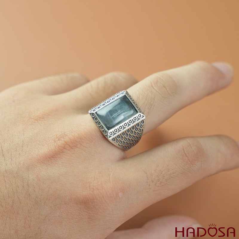Nhẫn bạc nam 925 mặt đá Aquamarine 10x15mm