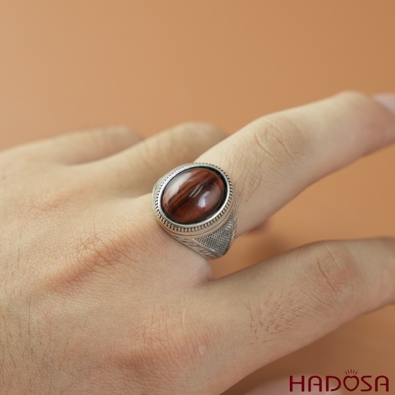 Nhẫn bạc 925 mặt đá mắt hổ nâu đỏ 12x16mm