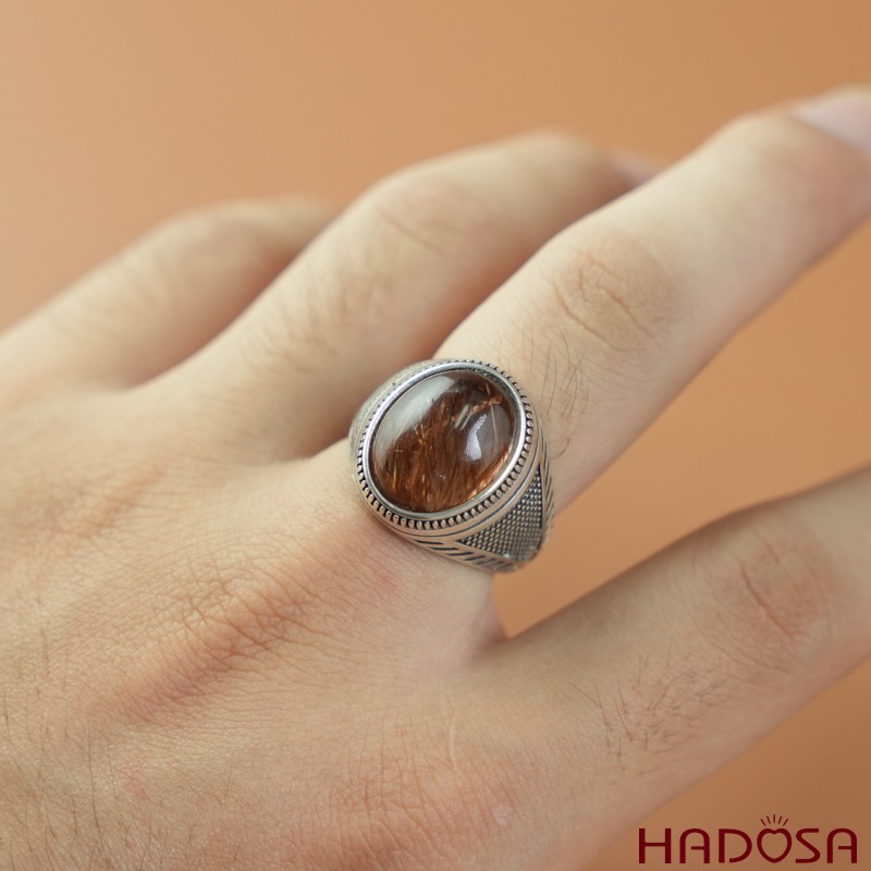 Nhẫn bạc 925 mặt đá thạch anh tóc đỏ oval 12x16mm