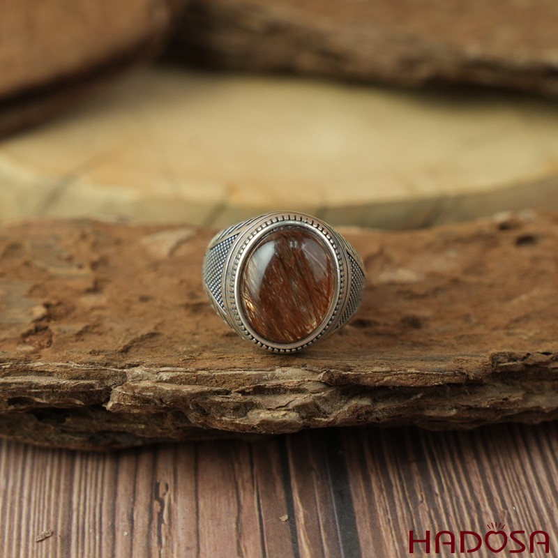 Nhẫn bạc 925 mặt đá thạch anh tóc đỏ oval 12x16mm