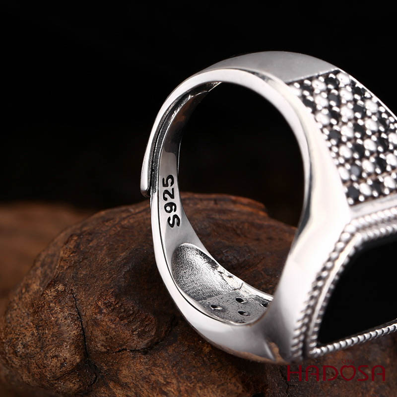 Nhẫn Nam Bạc Thái 925 Đá Đen Lá Chắn Viền Dây Thừng