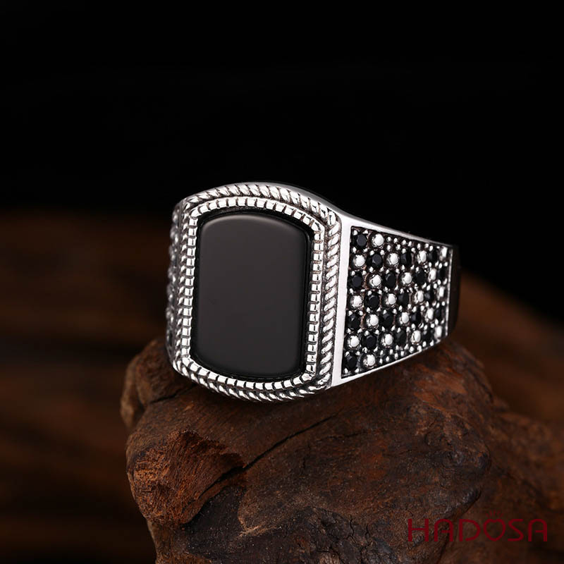 Nhẫn Nam Bạc Thái 925 Đá Đen Lá Chắn Viền Dây Thừng