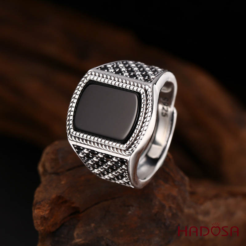 Nhẫn Nam Bạc Thái 925 Đá Đen Lá Chắn Viền Dây Thừng