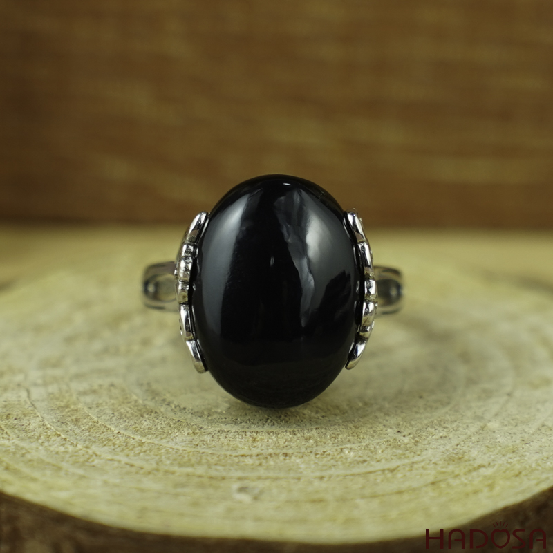 Nhẫn đá Chalcedony đen oval 13x18mm