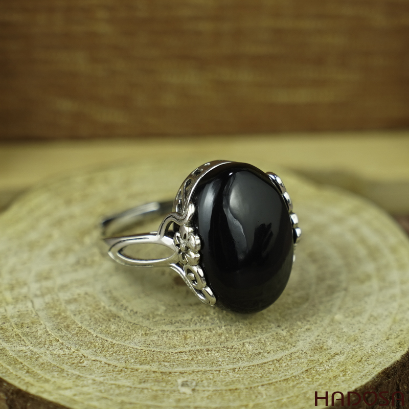 Nhẫn đá Chalcedony đen oval 13x18mm