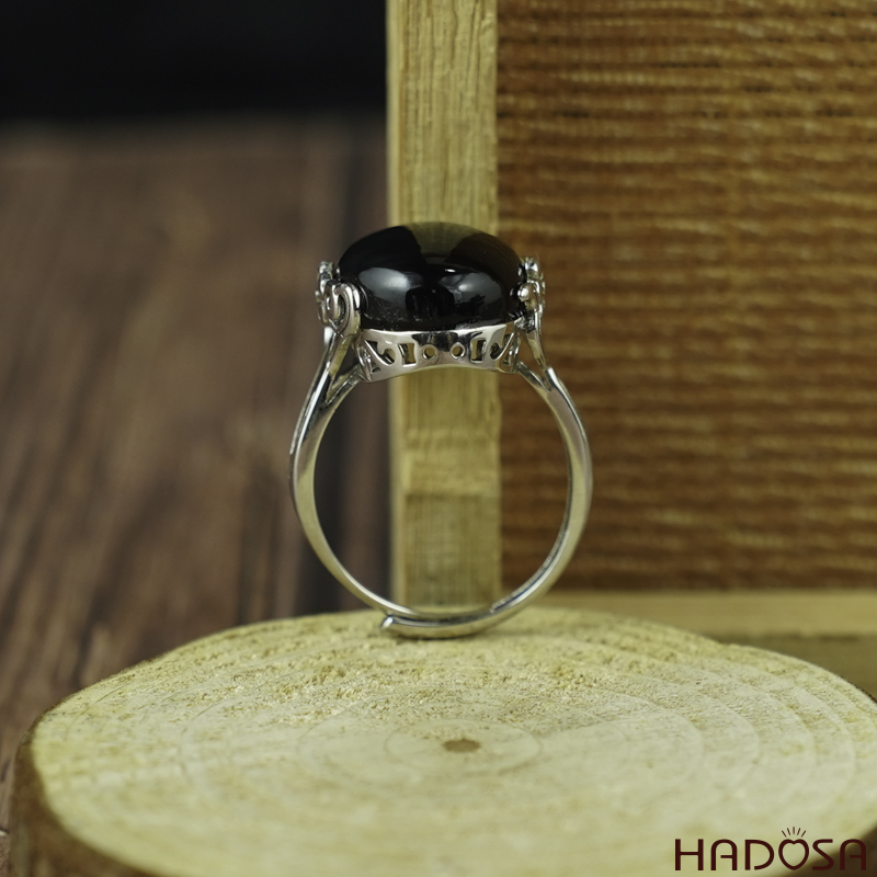Nhẫn đá Chalcedony đen oval 13x18mm