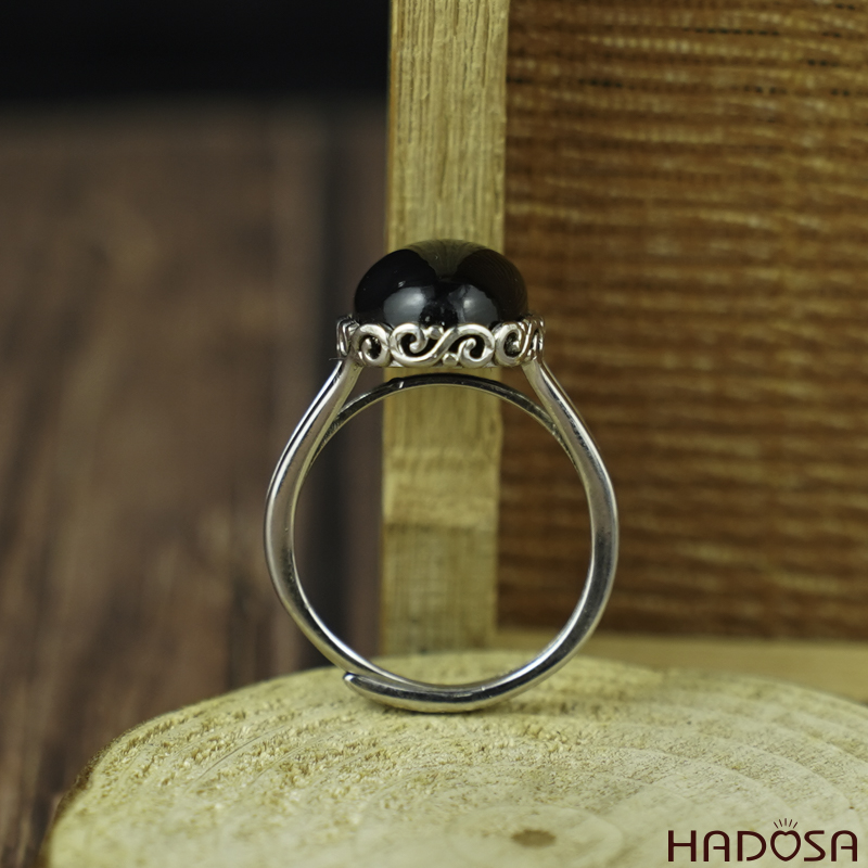 Nhẫn đá Chalcedony đen oval 10x14mm