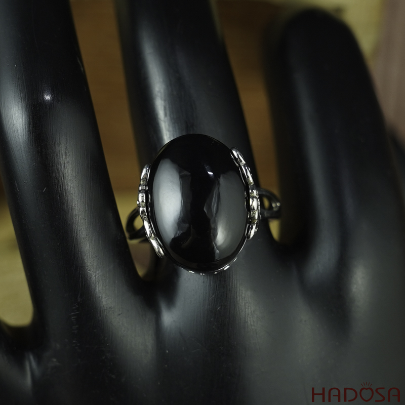 Nhẫn đá Chalcedony đen oval 13x18mm