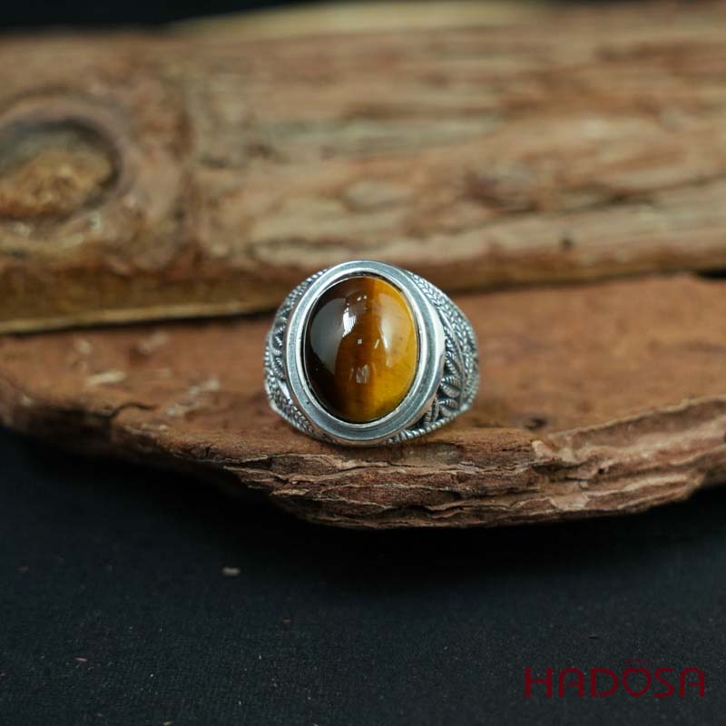 Nhẫn bạc nam 925 mặt đá mắt hổ vàng nâu 12x16mm