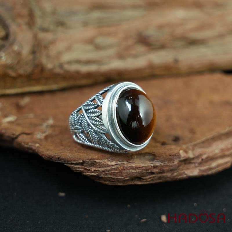 Nhẫn bạc nam 925 mặt đá mắt hổ vàng nâu 12x16mm