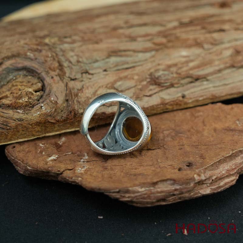 Nhẫn bạc nam 925 mặt đá mắt hổ vàng nâu 12x16mm