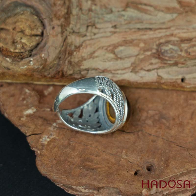 Nhẫn bạc nam 925 mặt đá mắt hổ vàng nâu 12x16mm
