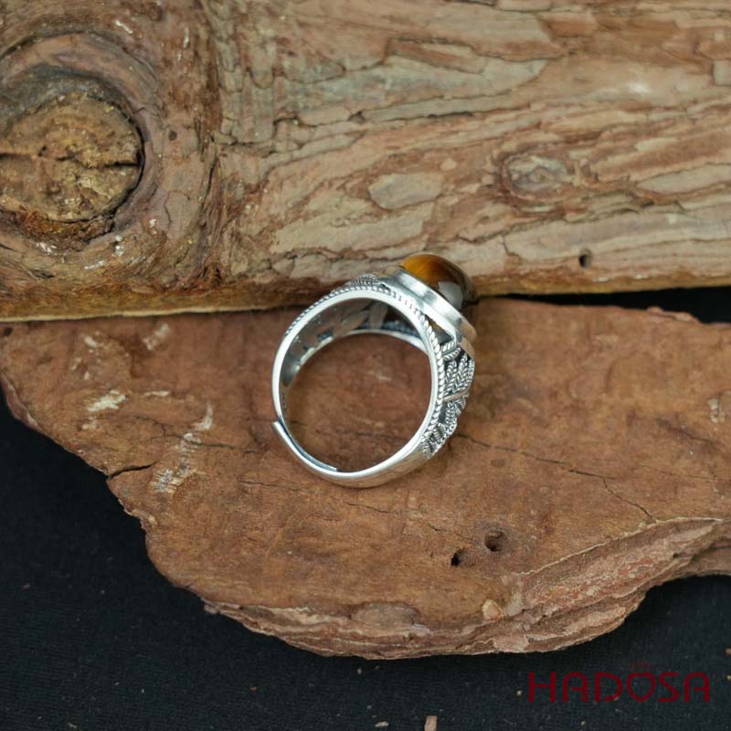 Nhẫn bạc nam 925 mặt đá mắt hổ vàng nâu 12x16mm