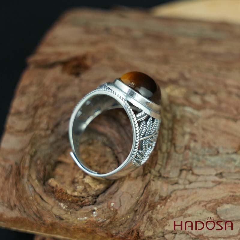 Nhẫn bạc nam 925 mặt đá mắt hổ vàng nâu 12x16mm