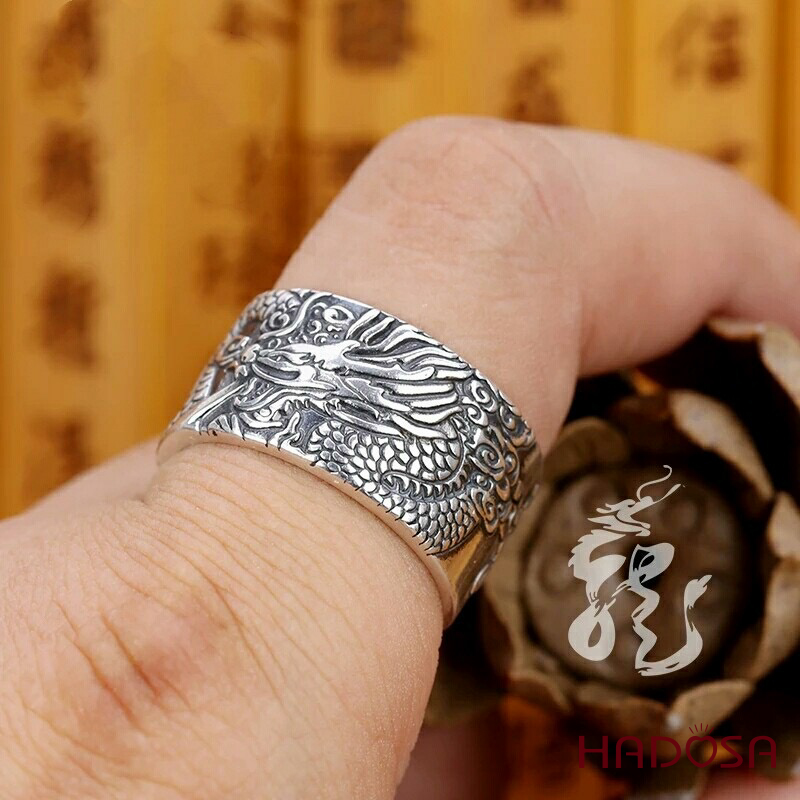 Nhẫn Nam Bạc Thái Khắc Rồng Thần Cổ Phong