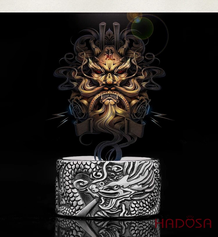 Nhẫn Nam Bạc Thái Khắc Rồng Thần Cổ Phong