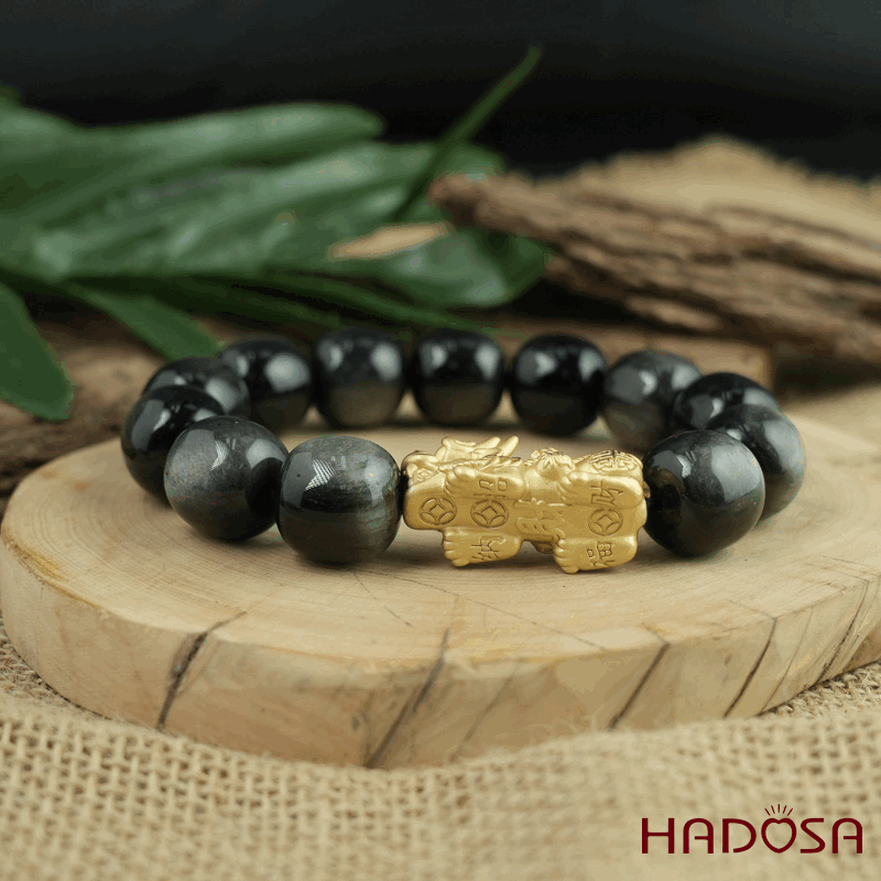 Vòng tay đá Obsidian-Hắc Diện Thạch ánh bạc hạt trụ 16mm mix tỳ hưu bạc mạ vàng