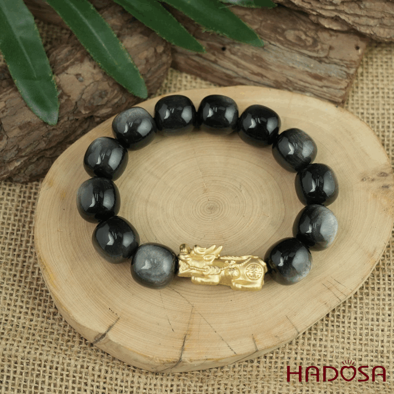 Vòng tay đá Obsidian-Hắc Diện Thạch ánh bạc hạt trụ 16mm mix tỳ hưu bạc mạ vàng