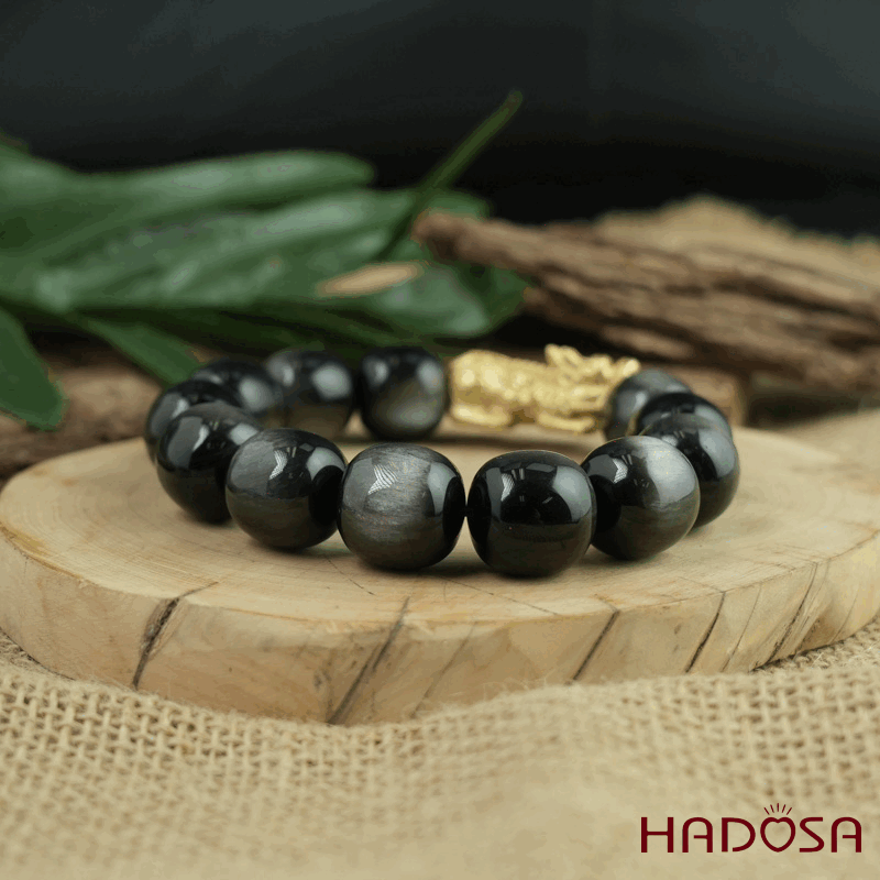 Vòng tay đá Obsidian-Hắc Diện Thạch ánh bạc hạt trụ 16mm mix tỳ hưu bạc mạ vàng