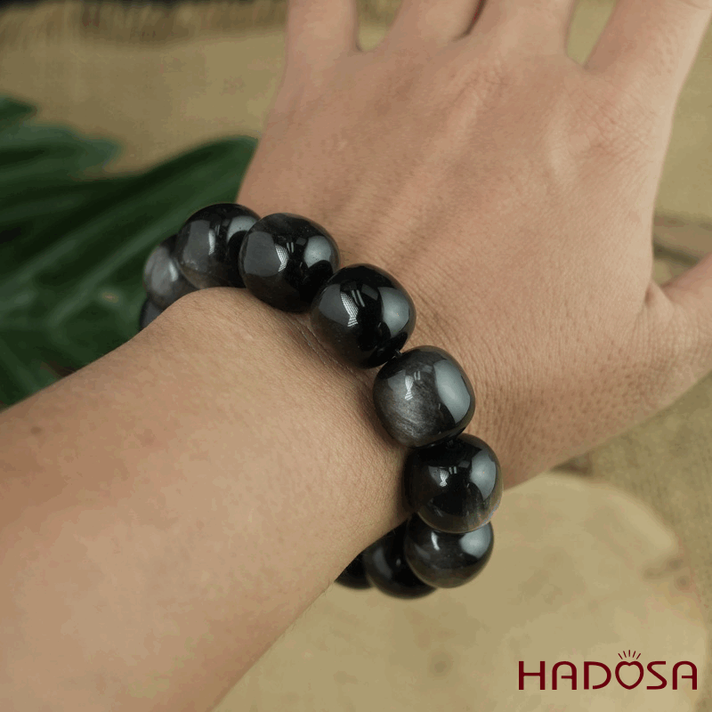 Vòng tay đá Obsidian-Hắc Diện Thạch ánh bạc hạt trụ 16mm mix tỳ hưu bạc mạ vàng