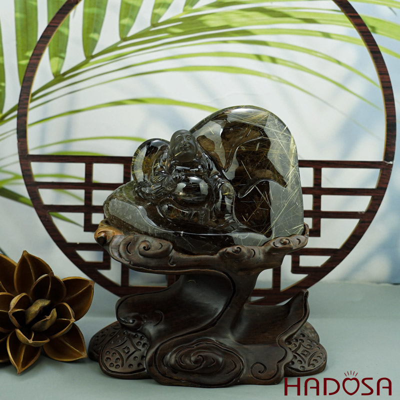 Phật Di Lặc thạch anh tóc vàng 1.02kg, 10x14x5.5cm