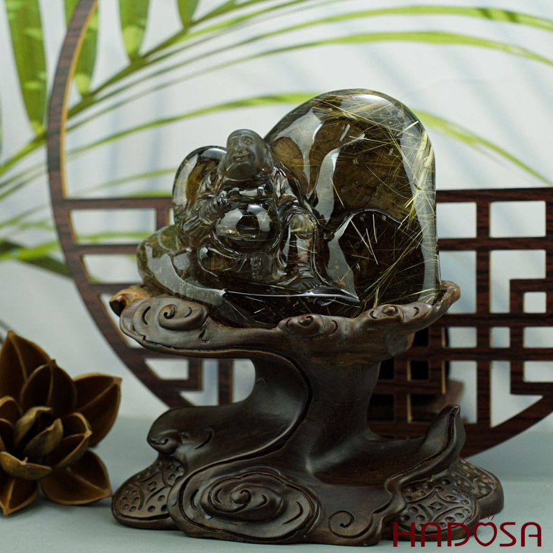 Phật Di Lặc thạch anh tóc vàng 1.02kg, 10x14x5.5cm