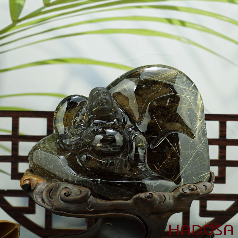 Phật Di Lặc thạch anh tóc vàng 1.02kg, 10x14x5.5cm