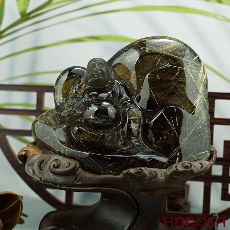 Phật Di Lặc thạch anh tóc vàng 1.02kg, 10x14x5.5cm