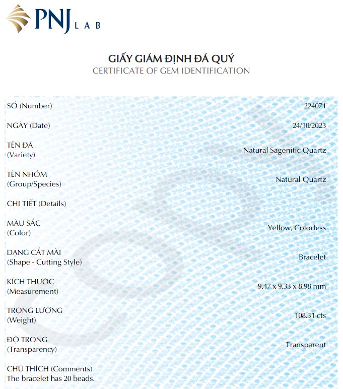 Vòng đá Thạch Anh tóc vàng 09mm chuẩn 5A