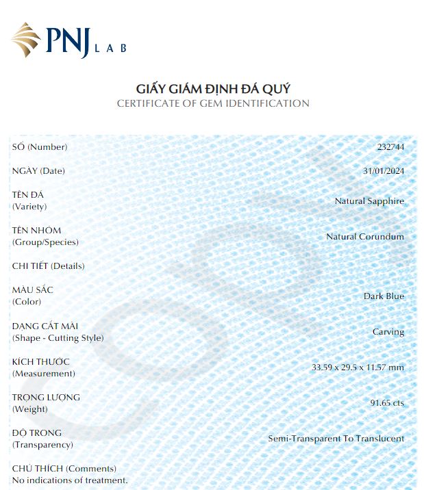 Mặt đá Sapphire Rồng phong thủy 30x34x11mm cao cấp