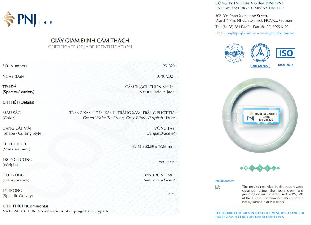 Vòng Ngọc Cẩm Thạch Jade A lá hẹ trắng môn phớt lý ni 52