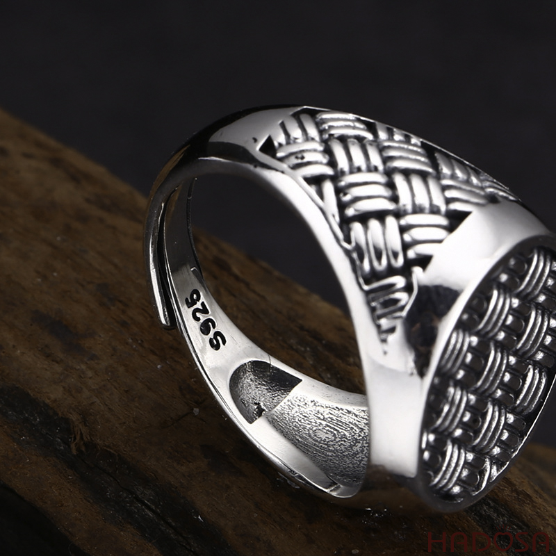 Nhẫn bạc nam kiểu đan mặt bản tròn