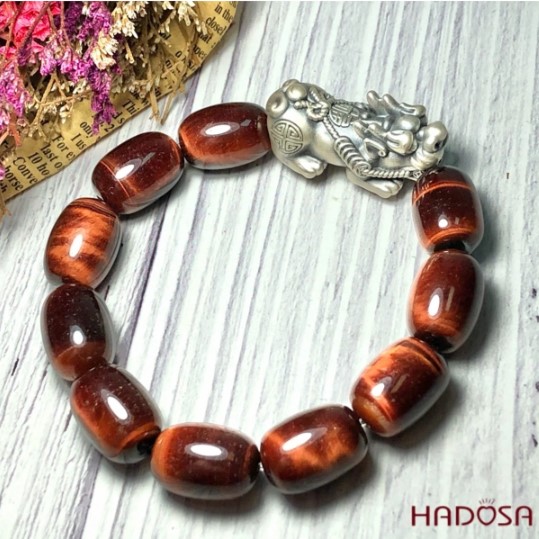 Vòng Thạch Anh Mắt Hổ nâu đỏ hạt trụ mix tỳ hưu bạc 925